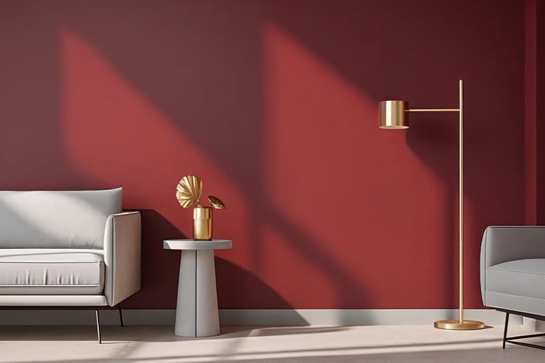 Close-up of a ruby red accent wall in a modern living room with beige sofa and brass floor lamp.