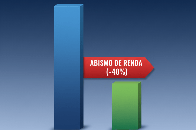 Gráfico de barras mostrando a queda de renda do benefício INSS, criando um "Abismo de Renda