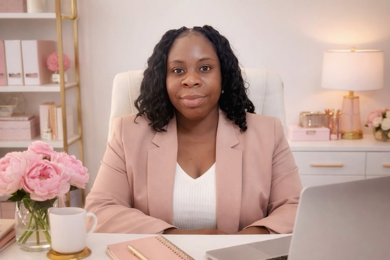 Professional female entrepreneur in a pink blazer sitting in a bright home office with a laptop.