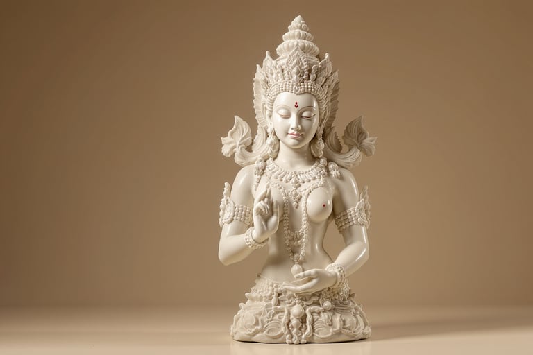 A finely carved limestone statue of a serene goddess adorned with intricate jewelry and an elaborate