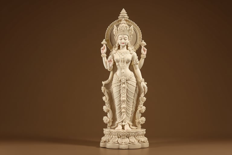 A beautifully carved limestone statue of Dewi Sri standing on a lotus base with serene expression an