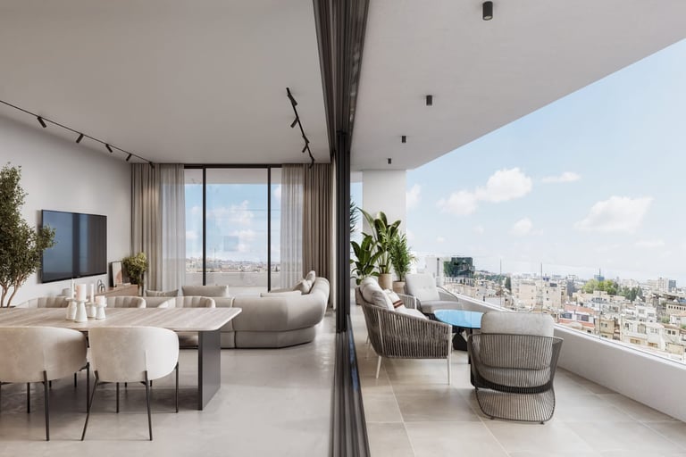 Interior view of Lev Limassol apartment living room with sea view balcony
