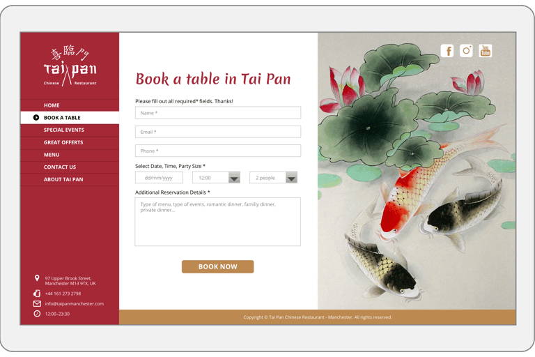 Tai Pan Restaurant Website Design, booking page.