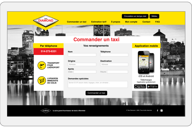 Taxi Diamond Website Redesign, home page.