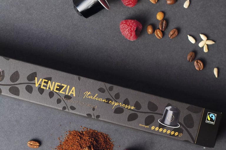 Real Coffee Venezia Espresso Capsules – 80% Arabica and 20% Robusta blend in recyclable aluminum pods, Nespresso® compatible