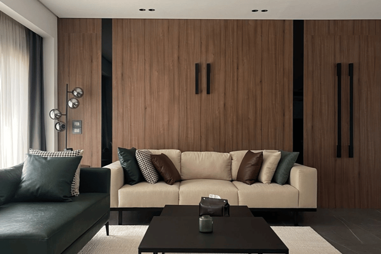 a living room with a couch and a coffee table