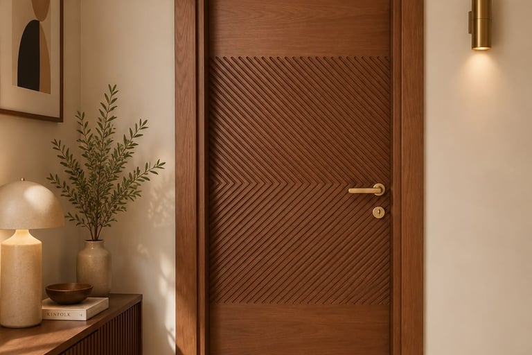 Elegant modern walnut wood door with chevron patterns and gold handle in a stylishly lit interior hallway.