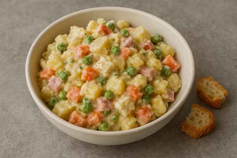 Ensaladilla rusa cremosa con patata, zanahoria, guisantes y jamón cocido. Ideal para diario.