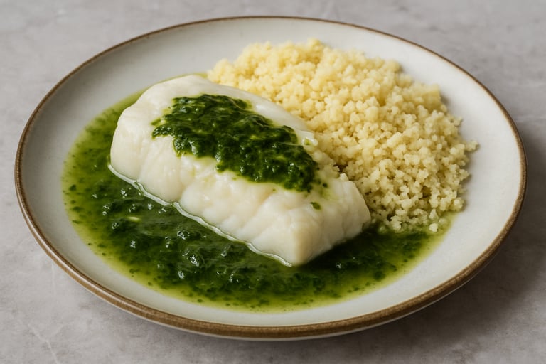 Merluza en salsa verde de algas con cuscús. Ligero, saludable y perfecto para el menú diario.