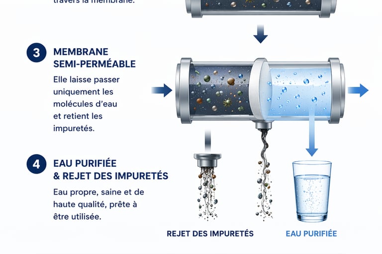 Schéma de fonctionnement osmose inverse - membrane semi-perméable filtration eau purifiée Maroc