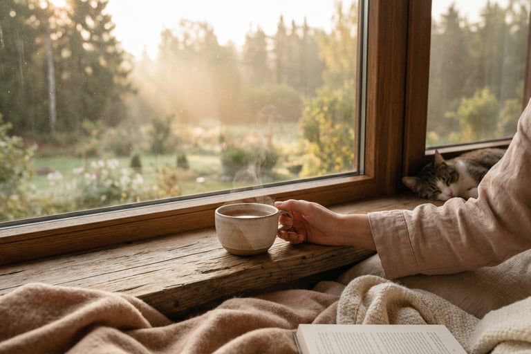 main qui tient une tasse chaude au bord de la fenêtre avec un plaid et un chat qui dort