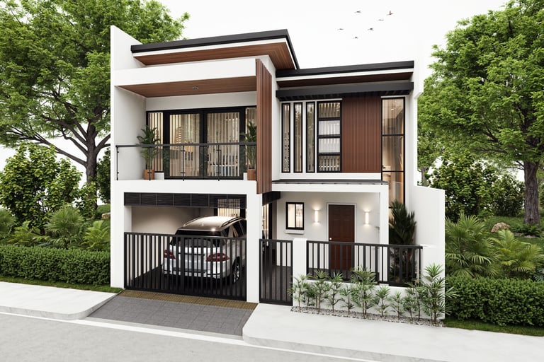 Modern two-story white house with wood slat accents, a balcony, black metal gate, and an integrated carport.