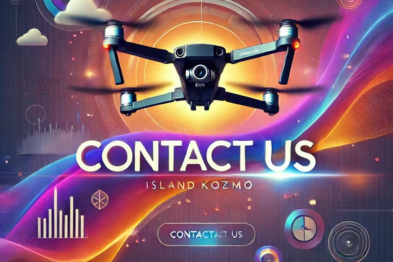 A sleek black drone hovers in the center of a vibrant digital-themed background.