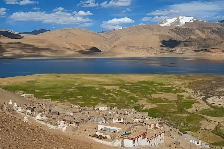 Korzok village beside Tso Moriri Lake surrounded by the mountains of Ladakh