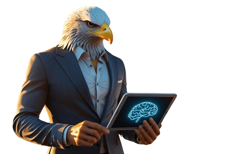 humanoid American eagle specializing in digital marketing for local businesses with a tablet