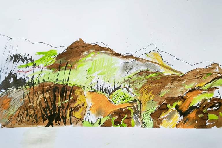 Paysage imaginaire 070825 - 65X50 - encre de Chine , carré comté, gouache - 2025