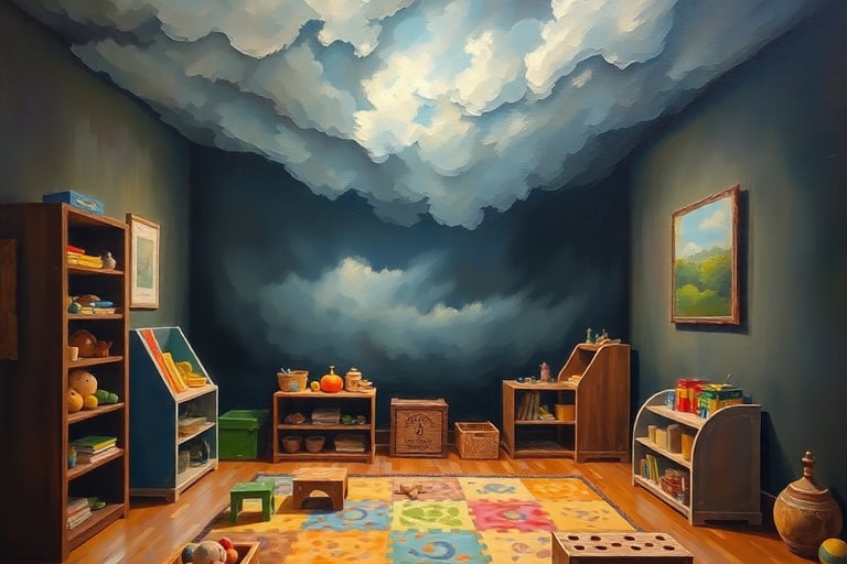 A classic oil painting depicting a functional sensory playroom for autistic children ages 3-8