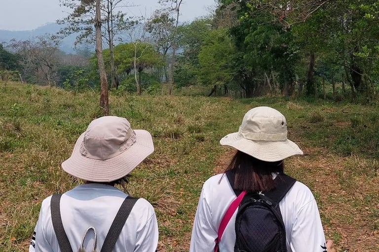 two people standing in a field with a giraffe