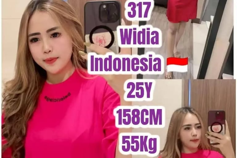 Indonesian woman in pink t-shirt and red nightgown posing for mirror selfies.