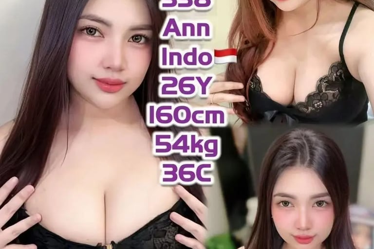 Collage of an Indonesian model wearing black lace lingerie with her physical profile statistics listed.