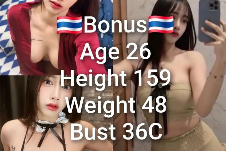 Collage of a young Thai woman in various outfits featuring her physical statistics and the Thailand flag.