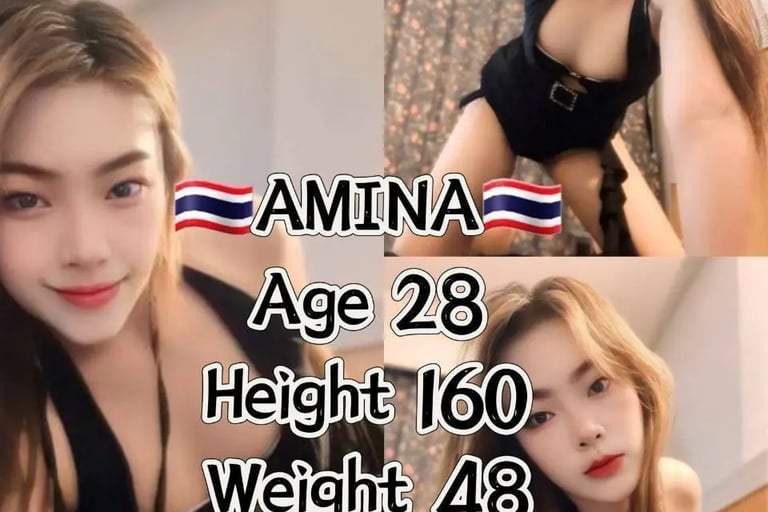 Profile of Amina, a 28-year-old Thai woman wearing a black bodysuit in a photo collage.