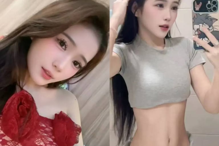 Side-by-side photo of a young woman in a red floral top and a grey crop top mirror selfie.