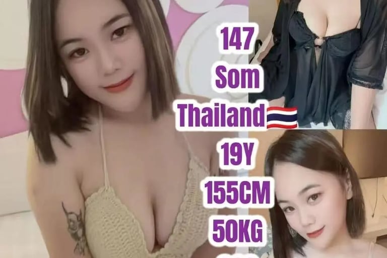 Collage of a young Thai woman named Som wearing lingerie and swimwear with her physical measurements listed.