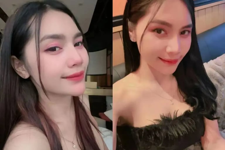 Side-by-side comparison of a beautiful woman featuring pink eyeshadow and elegant evening makeup looks.