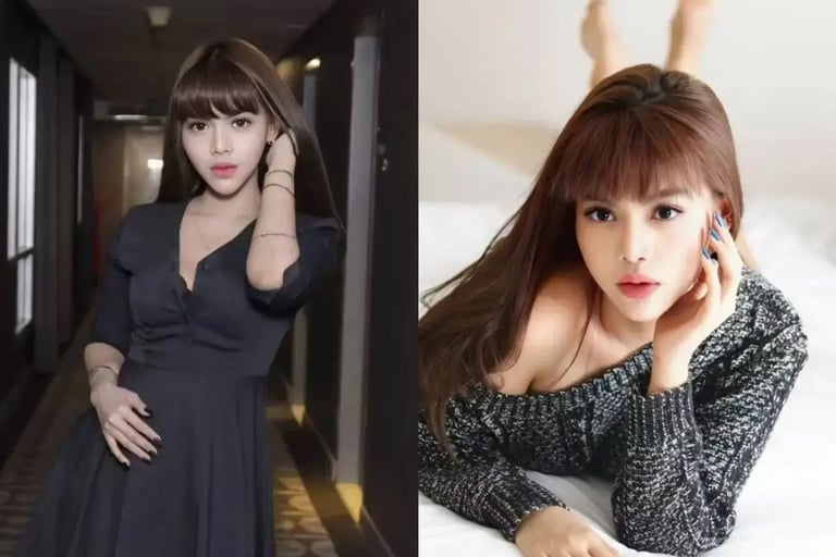 Collage of a stylish Asian woman wearing a black mini dress and a grey knit sweater.