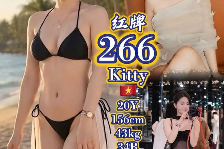 A collage featuring a young Vietnamese woman in a black bikini on a beach and fashion outfits.
