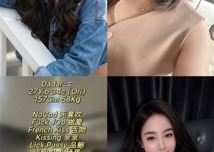 Collage of a smiling Thai woman with long wavy hair, featuring a services menu and profile details.