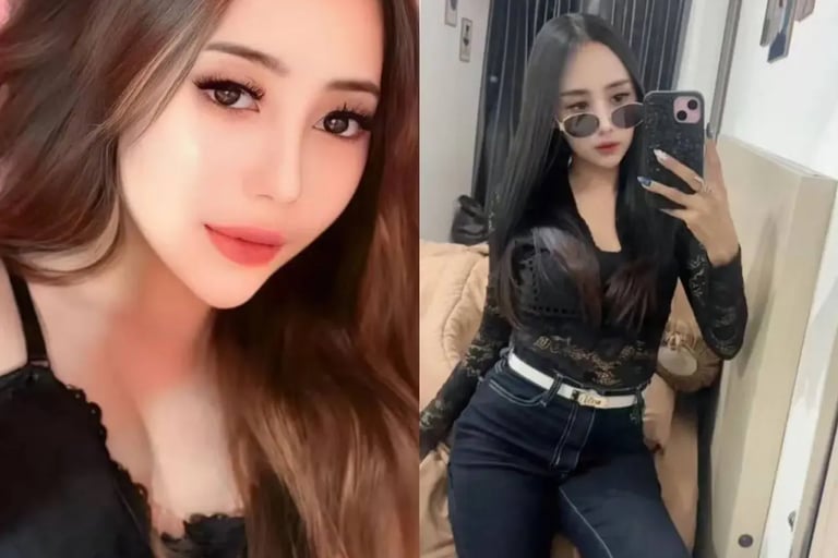A stylish woman in a lace top and jeans posing for a mirror selfie and a close-up portrait.
