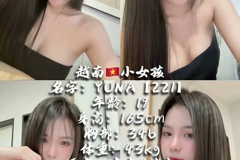 A four-panel collage of a young Vietnamese woman with long dark hair, wearing a black tube top.