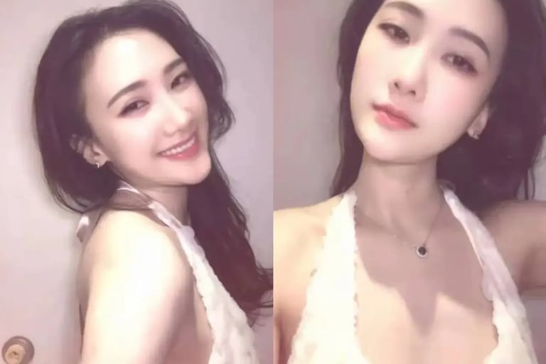 A smiling young woman with long dark hair wearing a white lace halter top in two split-view portrait poses.