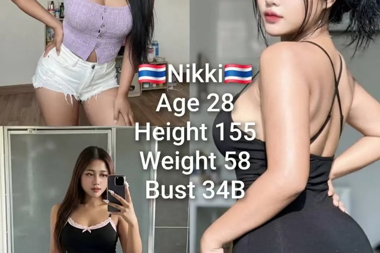 bukit indah Thai fitness model Nikki posing in stylish casual outfits including a black mini dress.