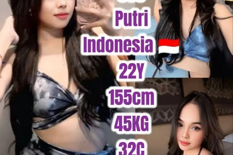 Young Indonesian woman with long dark hair posing in a blue tie-dye bikini set.