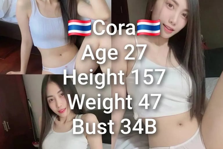 Collage of a young Thai woman named Cora wearing a white crop top and white underwear in a bedroom.