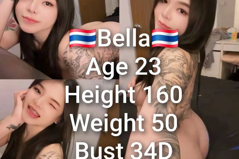 A collage of a young Thai woman named Bella featuring her tattoos, physical stats, and long black hair.