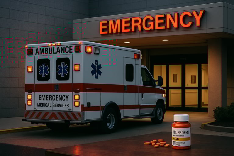 Ambulance pulling up to a hospital emergency room entrance, symbolizing urgent medical care for ibuprofen overdose.