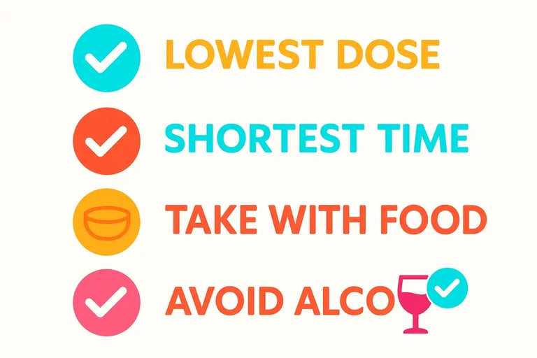Colorful infographic showing ibuprofen safety tips: lowest dose, shortest time, take with food, avoid alcohol.