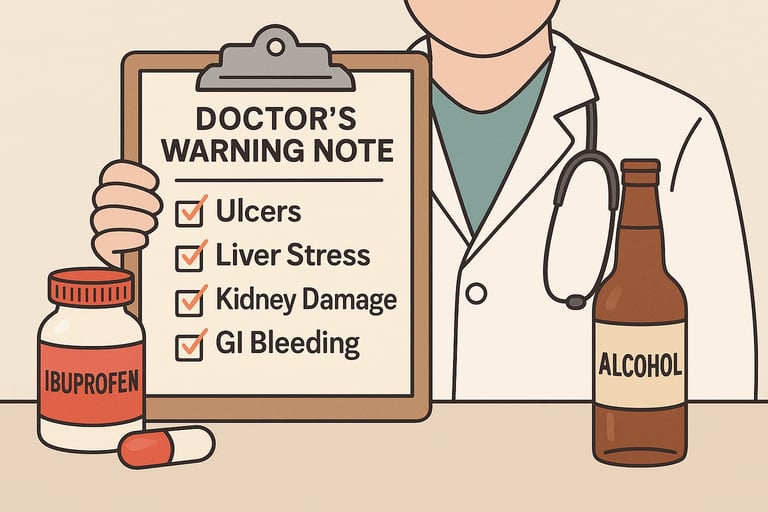 Cartoon doctor with checklist of risks (ulcers, liver, kidneys, bleeding) beside ibuprofen and alcohol