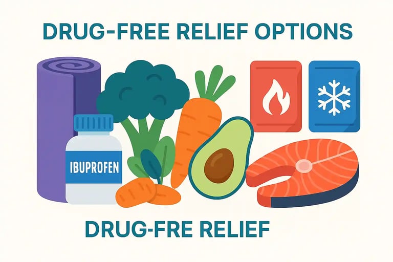 Infographic showing drug-free pain relief options including yoga mat, vegetables, avocado, fish, and hot/cold packs