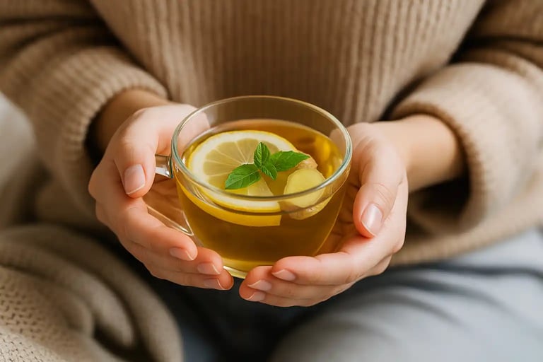 Holding a cup of herbal tea with ginger and lemon, symbolizing natural healing & soothing alternatives to ibuprofen.