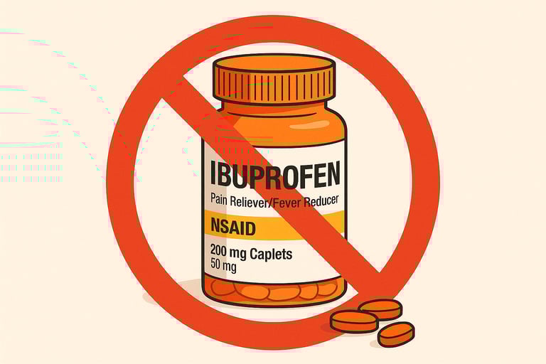 Ibuprofen bottle with a red circle and slash symbol, representing a warning not to take it.