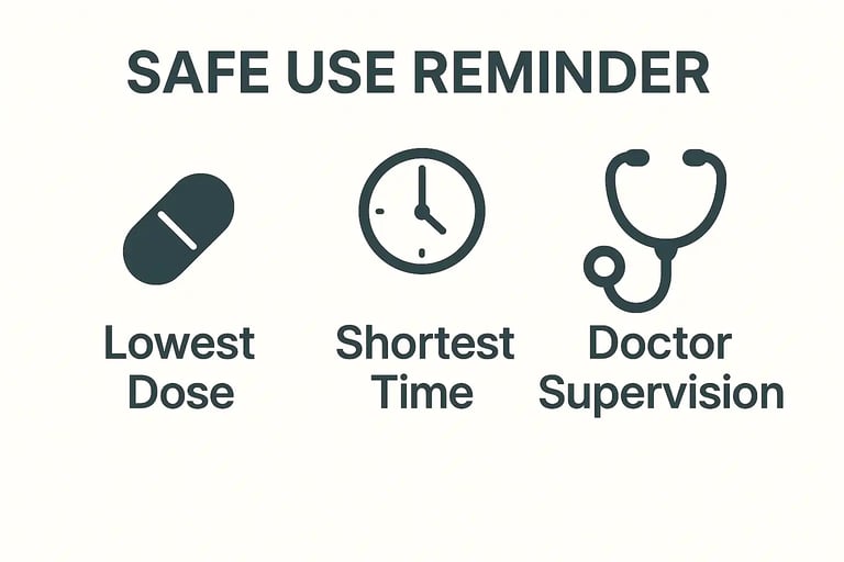 Infographic showing safe ibuprofen use: lowest dose, shortest time, and doctor supervision reminder