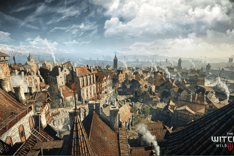 a birds eye view of the largest town also know as novigrad witcher 3