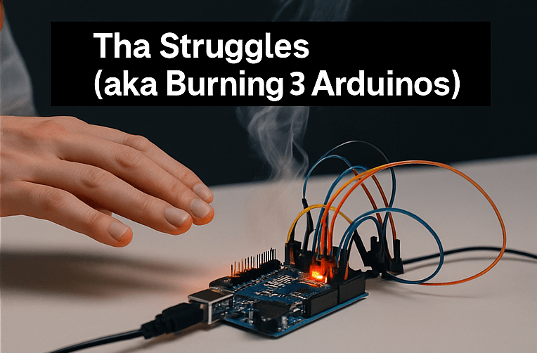 Close-up of an Arduino board with wires, glowing red light, and smoke rising as it burns out.