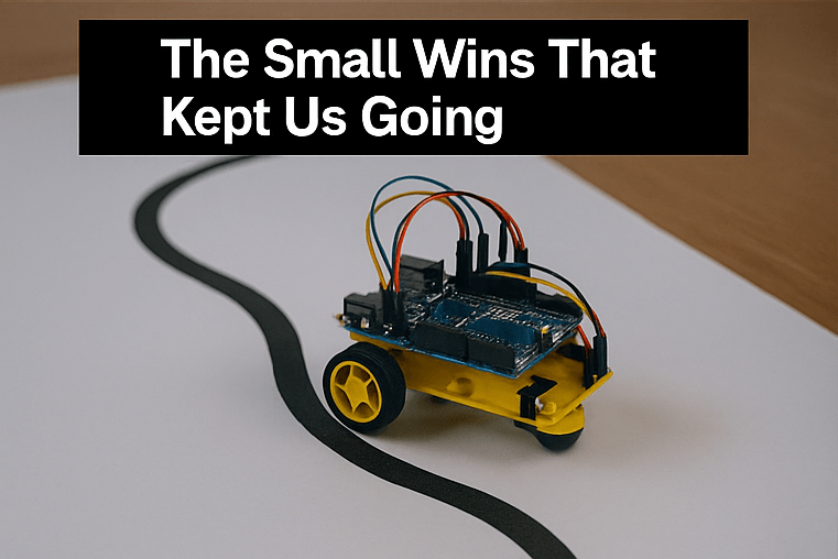 Yellow-wheeled robot car with Arduino and wires mounted, successfully following a black line on pape