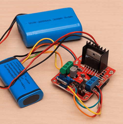 Lithium batteries and L298N motor driver module wired for powering an Arduino-based robot